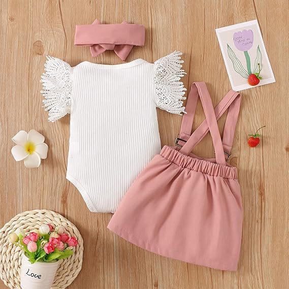3pcs Baby Girl Lace Flutter-sleeve Romper and Suspender Skirt with Headband Set