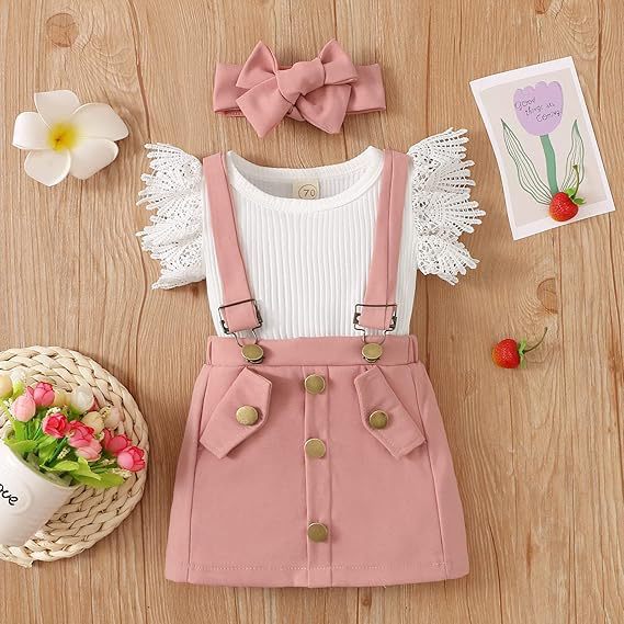 3pcs Baby Girl Lace Flutter-sleeve Romper and Suspender Skirt with Headband Set