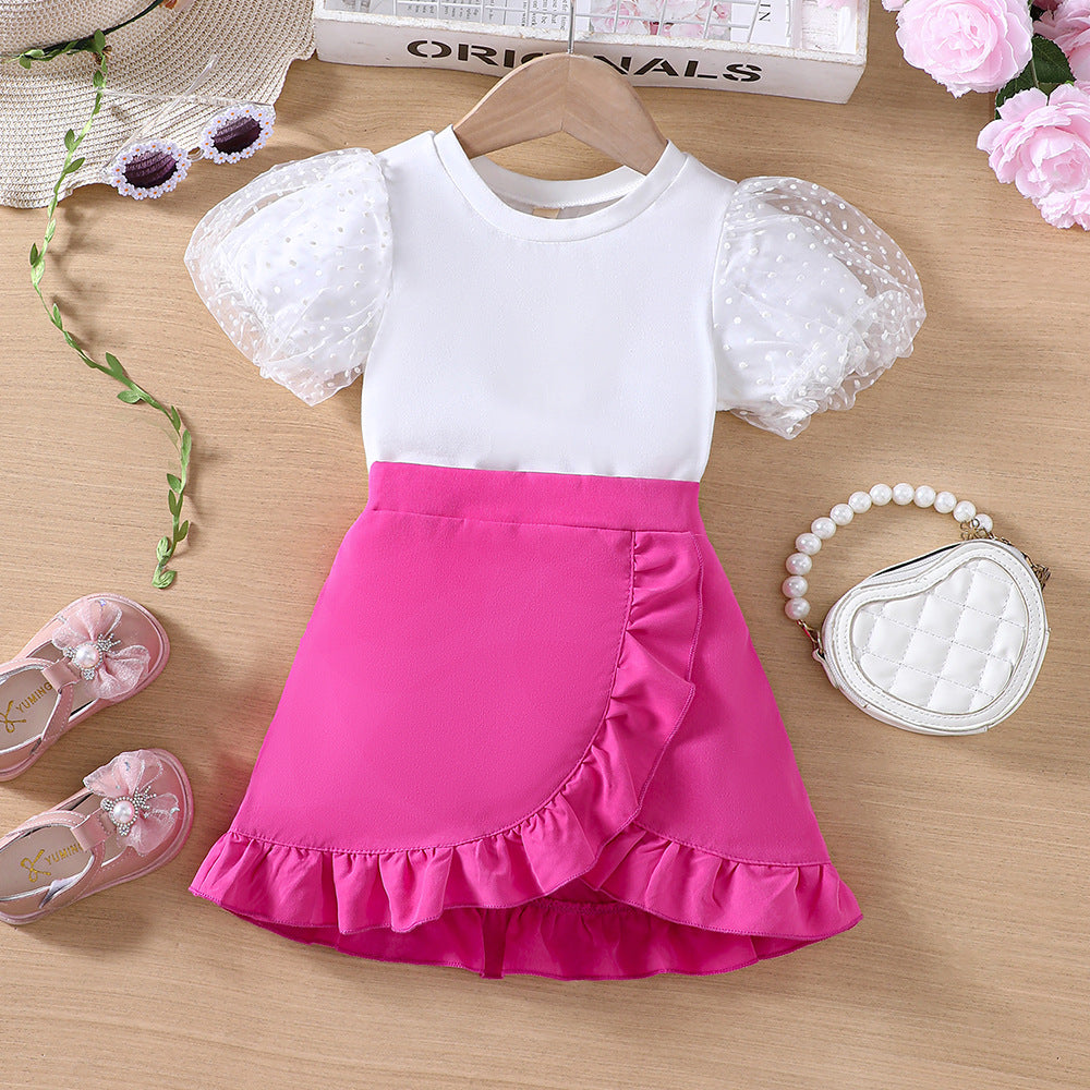 Baby Girl Sweet Mesh Puff Sleeves Shirt & rose ruffle skirt set