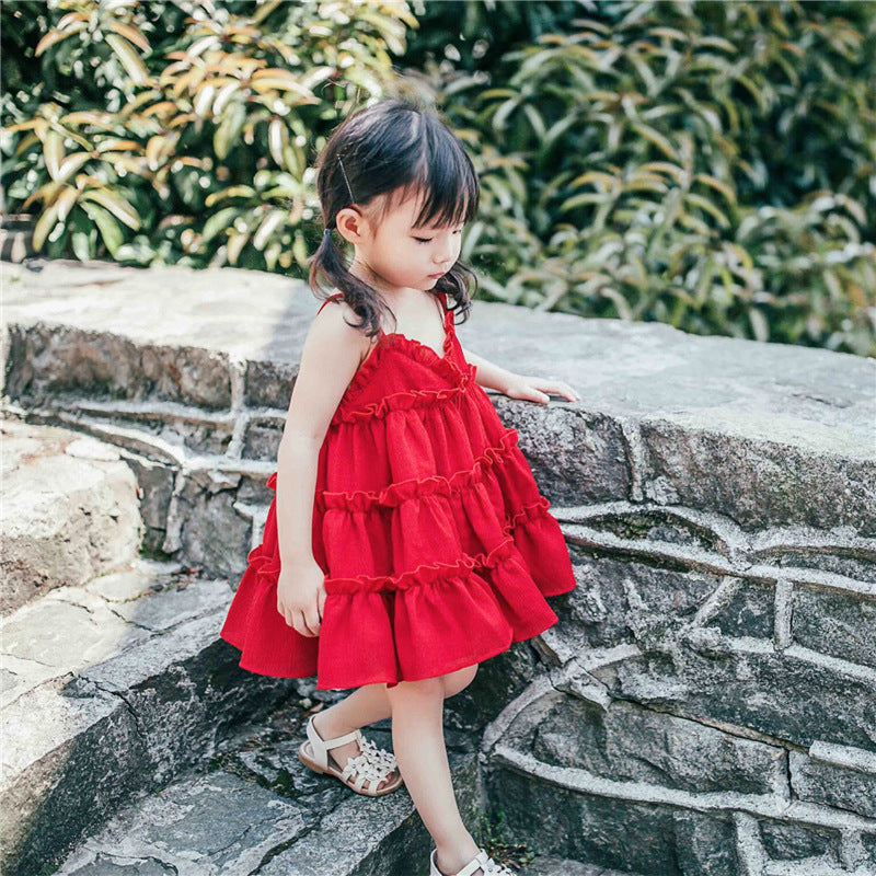 Toddler & Baby Girls Red Suspender Pleated Princess Dress