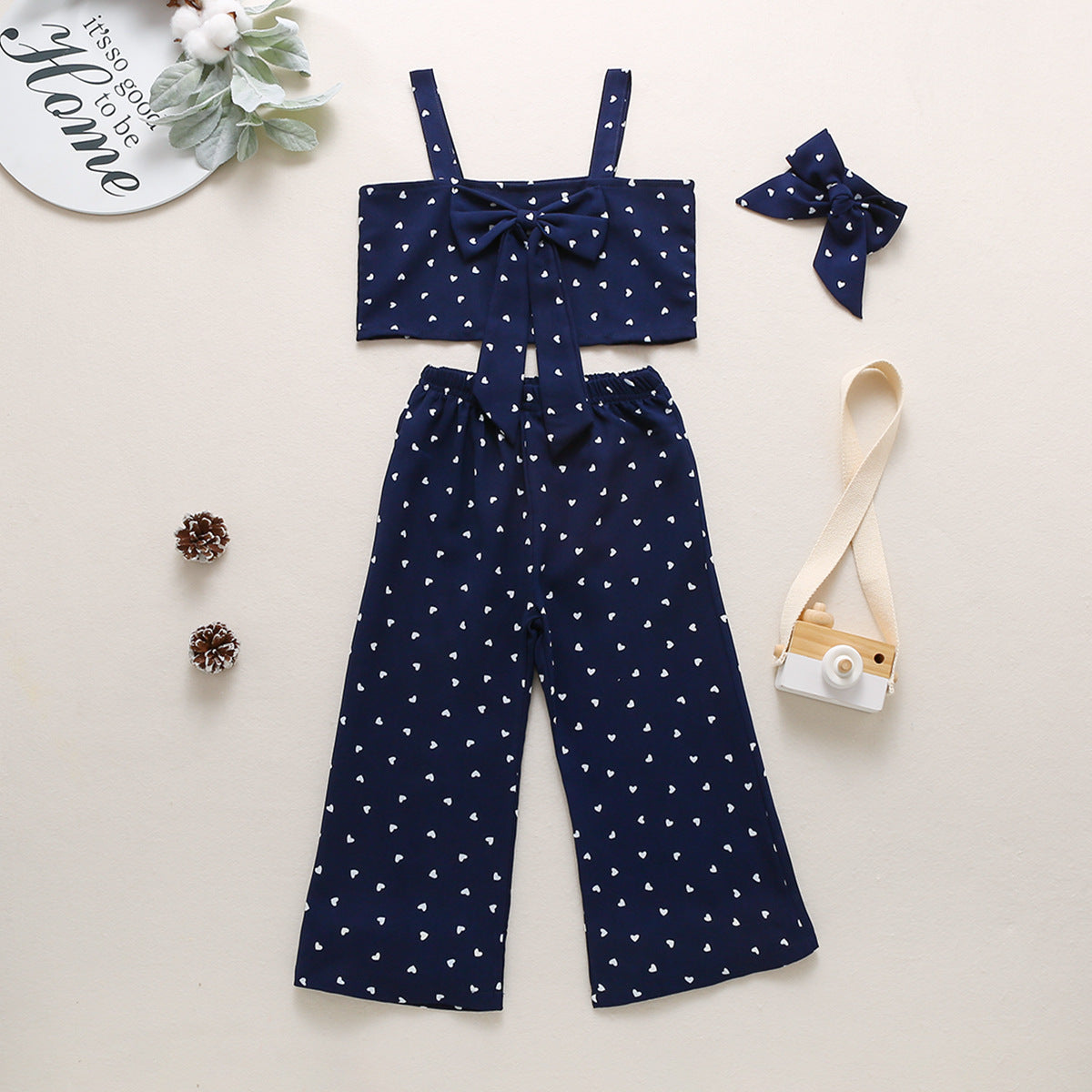 Baby Girl Bowknot Design Heart Print Camisole and Trouser with Headband Set