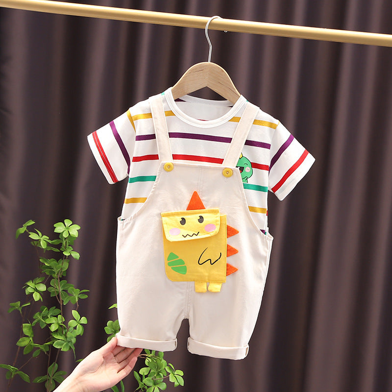 Baby Boy 2 Piece Stripped Half-Sleeves Shirt With Cartoon Pocket & Short Set