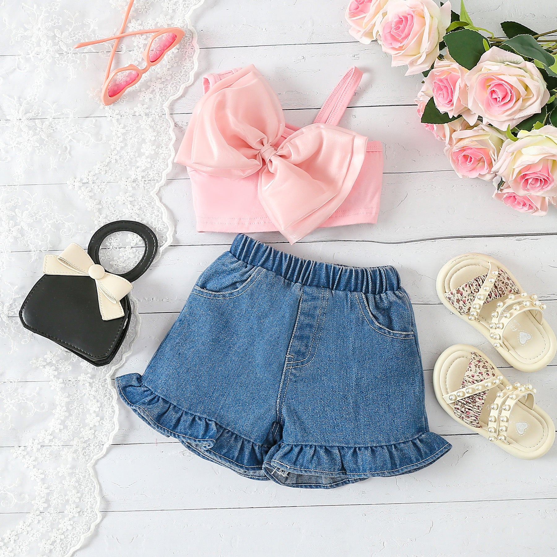 2pcs Baby Girl Beautiful Sleeveless One Shoulder Bow Top Denim