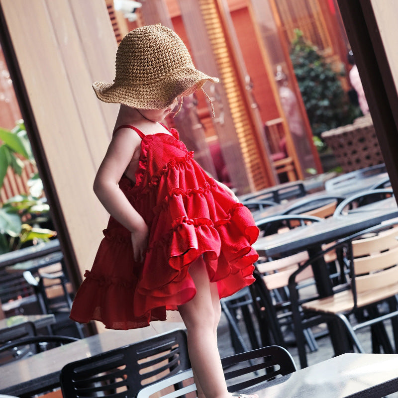 Toddler & Baby Girls Red Suspender Pleated Princess Dress