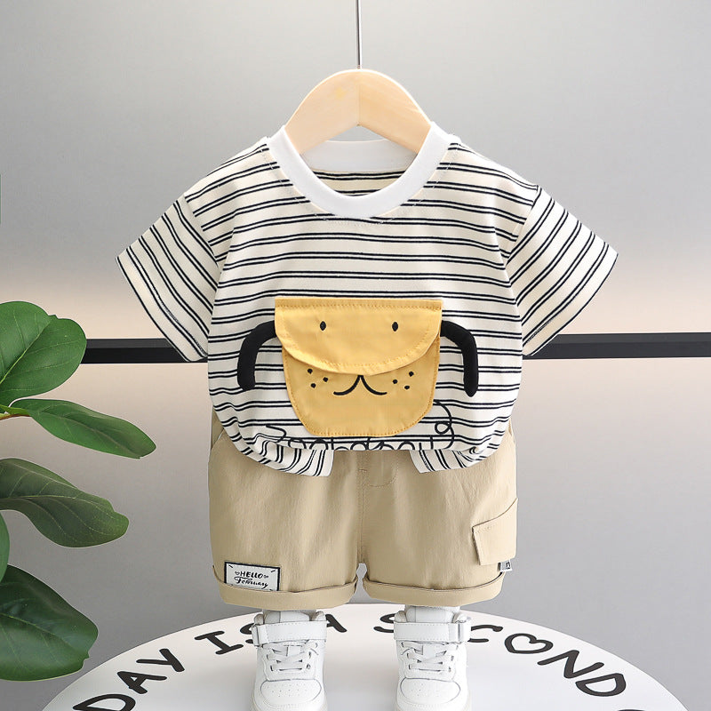 Baby Boy 2 Piece Stripped Half-Sleeves Shirt With Cartoon Pocket & Short Set