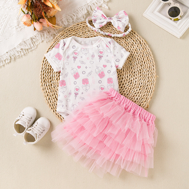 Baby Girl Cute Print Romper And Tulle Tutu Skirt With Headband Set