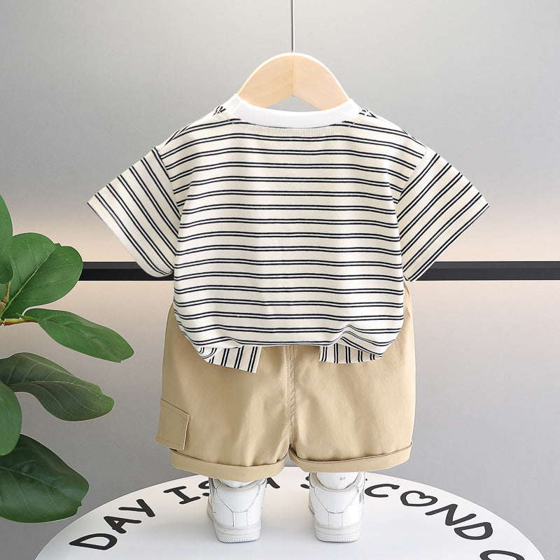 Baby Boy 2 Piece Stripped Half-Sleeves Shirt With Cartoon Pocket & Short Set