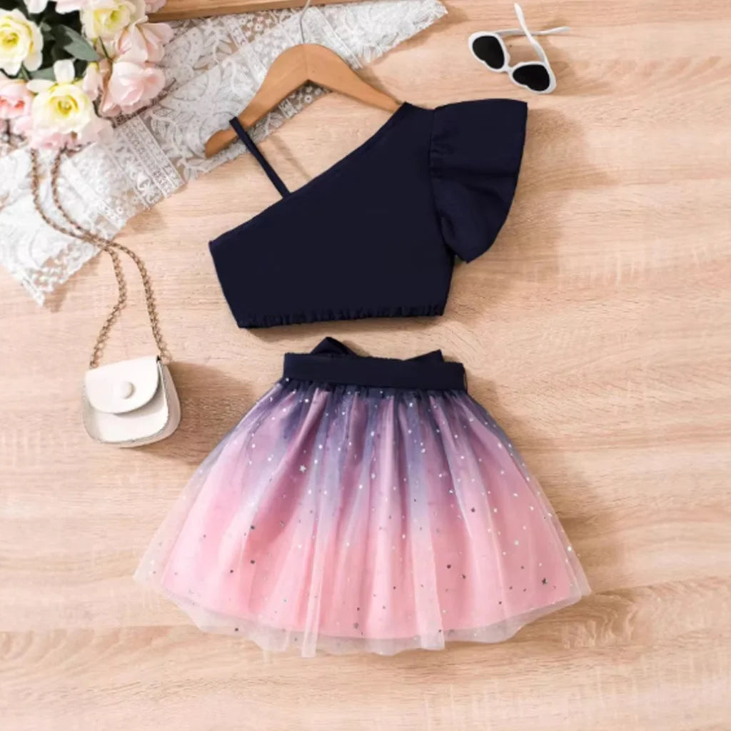 2-Piece Baby Girls One-Shoulder Ruffle Top & Glitter Tulle Skirt Set