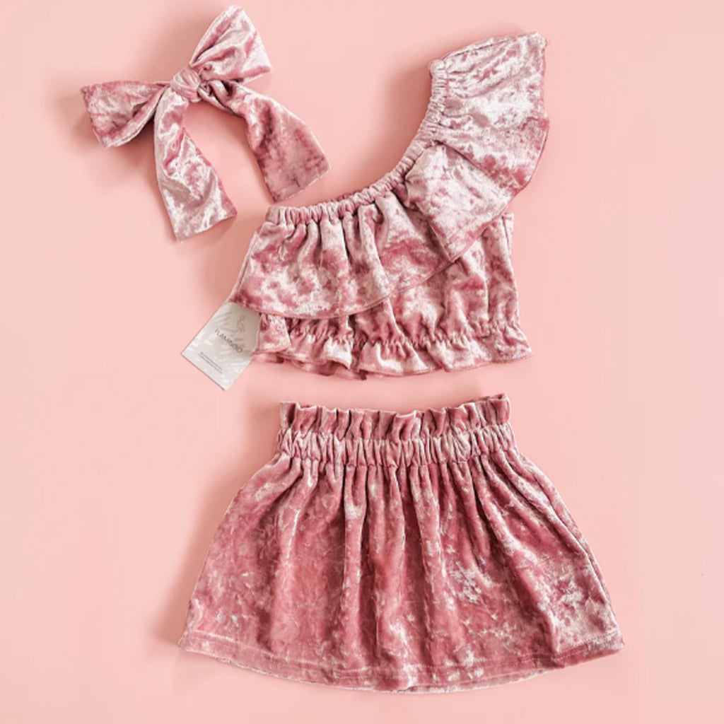 Baby Girls Velvet Flounce One-shoulder Top with Elastic Waist Skirt and Hair Rope Set