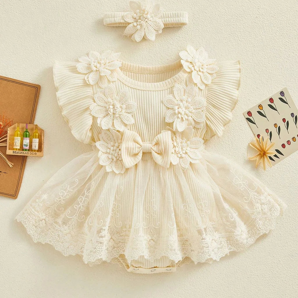 2pcs Baby Girl Fly Sleeve Floral Embroidered Romper With Headband Set