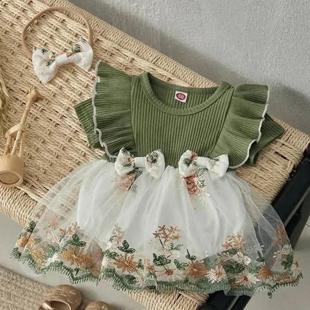 2pcs Baby Girl Ruffle-sleeve Cute Bowknet Design Ribed Mesh Romper With Headband Set