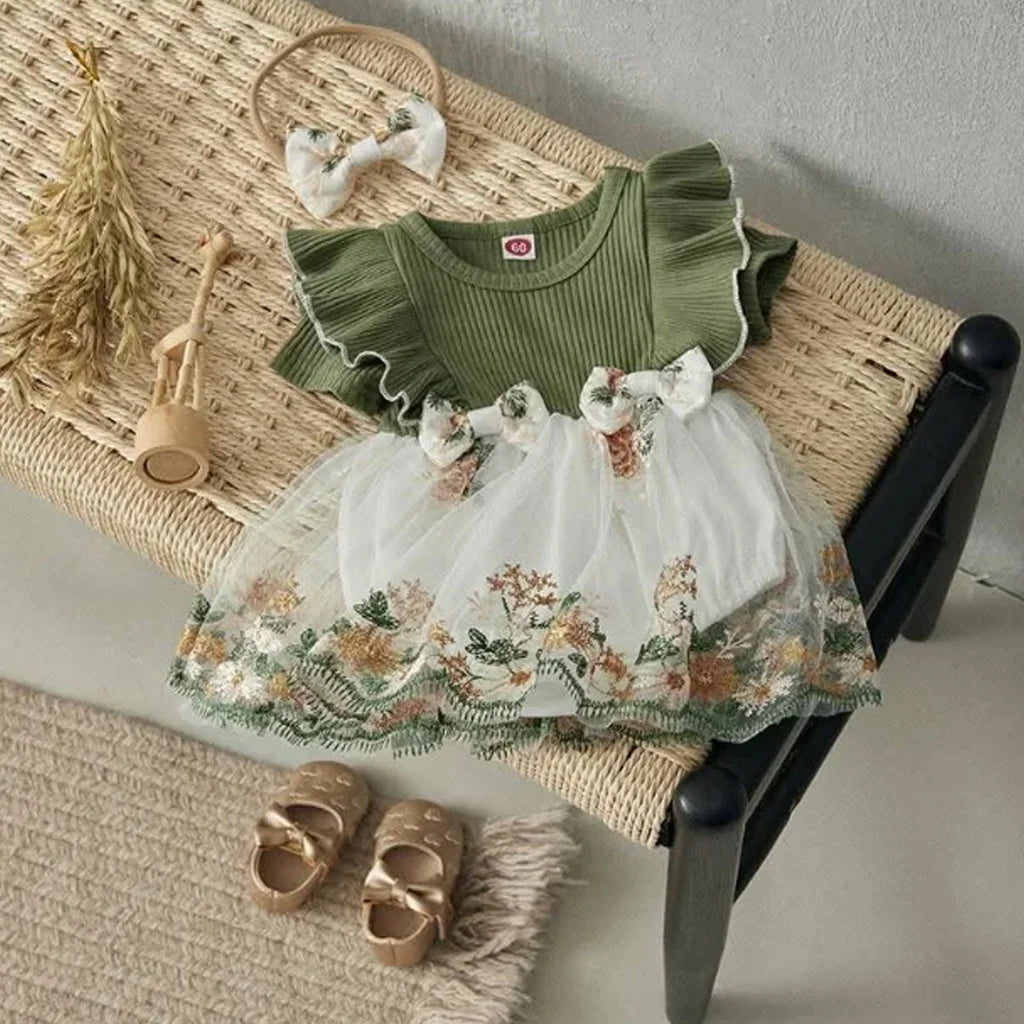 2pcs Baby Girl Ruffle-sleeve Cute Bowknet Design Ribed Mesh Romper With Headband Set