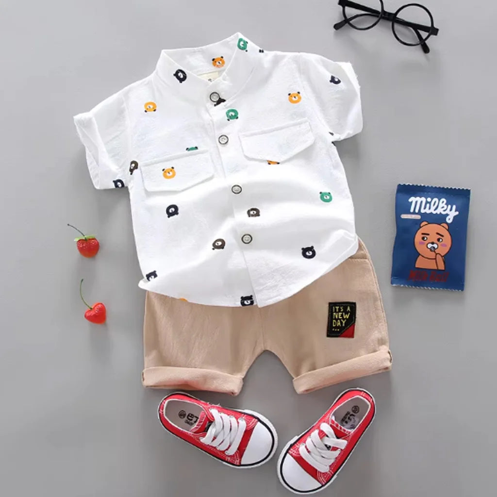 Baby Boy Cute Bear Print Button-Down Shirt and Shorts Set