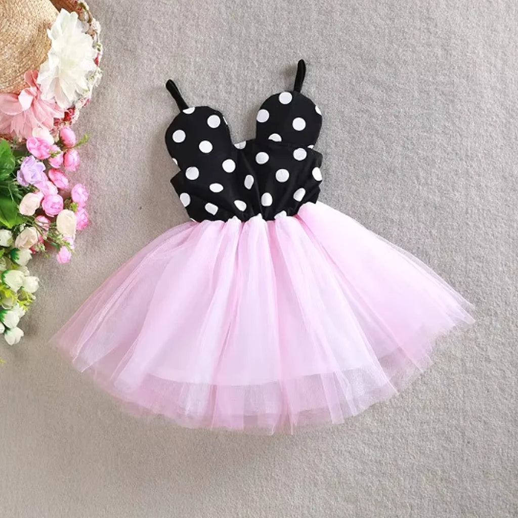 Baby Girl Polka Dots Black/Pink Sleeveless Spaghetti Strap Mesh Dress