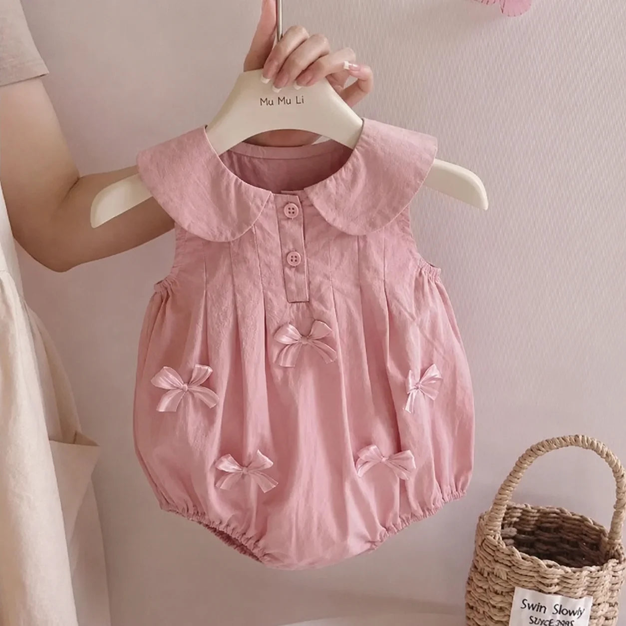 Baby Girls Cute Decorated Pink Bow & Soft Peter Pan Collar Romper