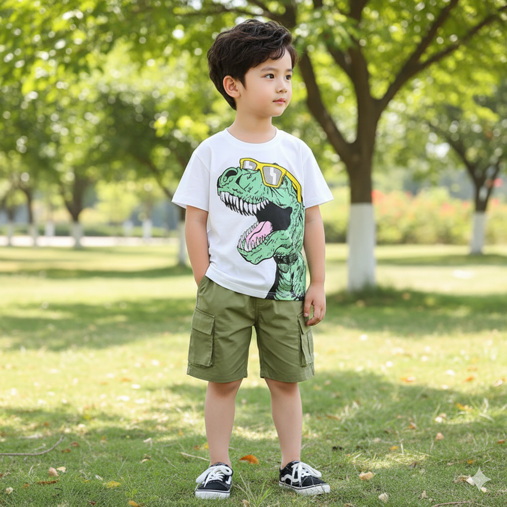 2pcs Toddler Boy Playful Dinosaur Print Tee & Cargo Shorts Set