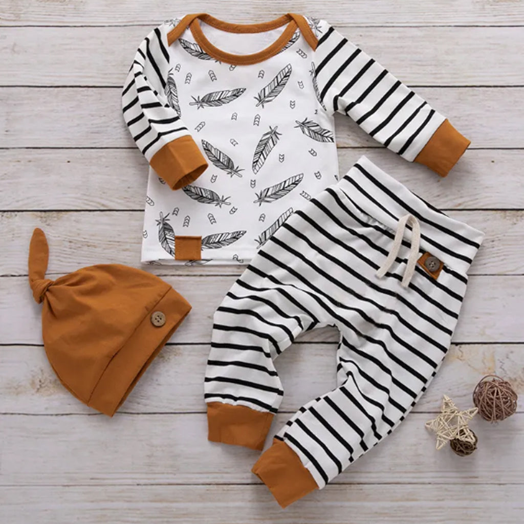 3pcs Baby Boy Stripe and Feather Print Long-sleeve Shirt with Trouser And Cap Set