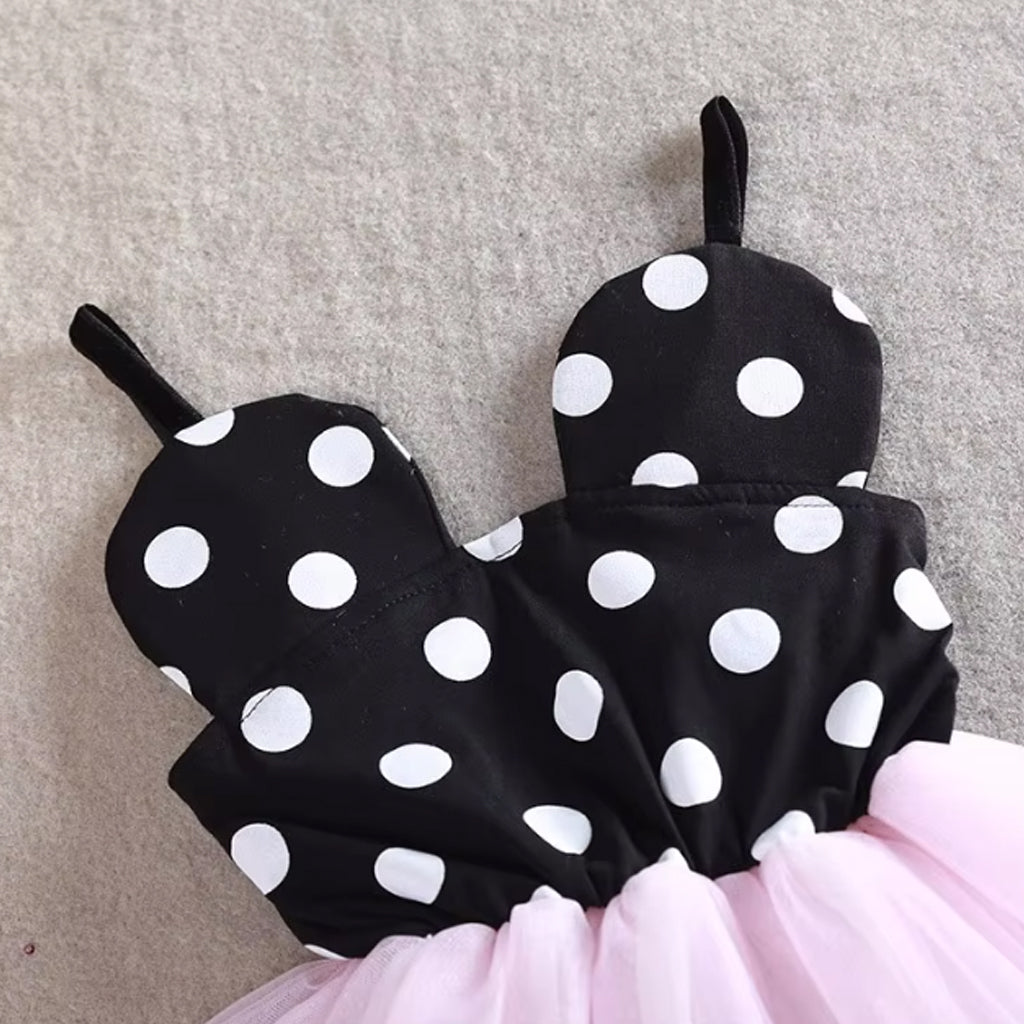 Baby Girl Polka Dots Black/Pink Sleeveless Spaghetti Strap Mesh Dress