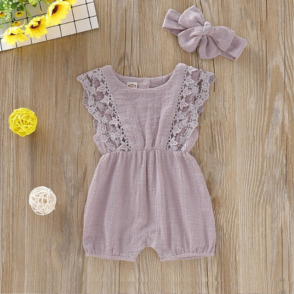 2pcs Baby Girl Solid Colour Lace Decor Romper with Headband