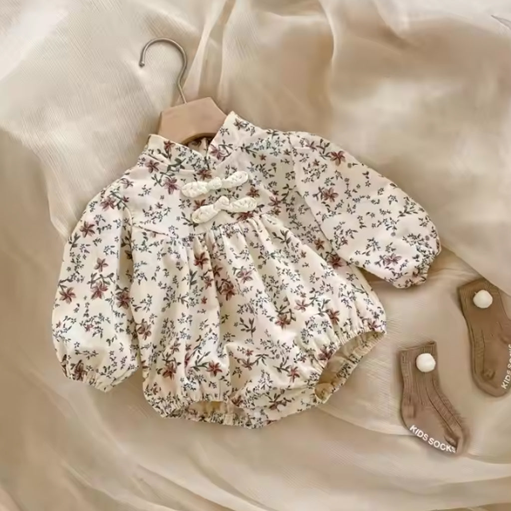 Baby Girls Floral Printed Elegant Collar Long Sleeve Romper