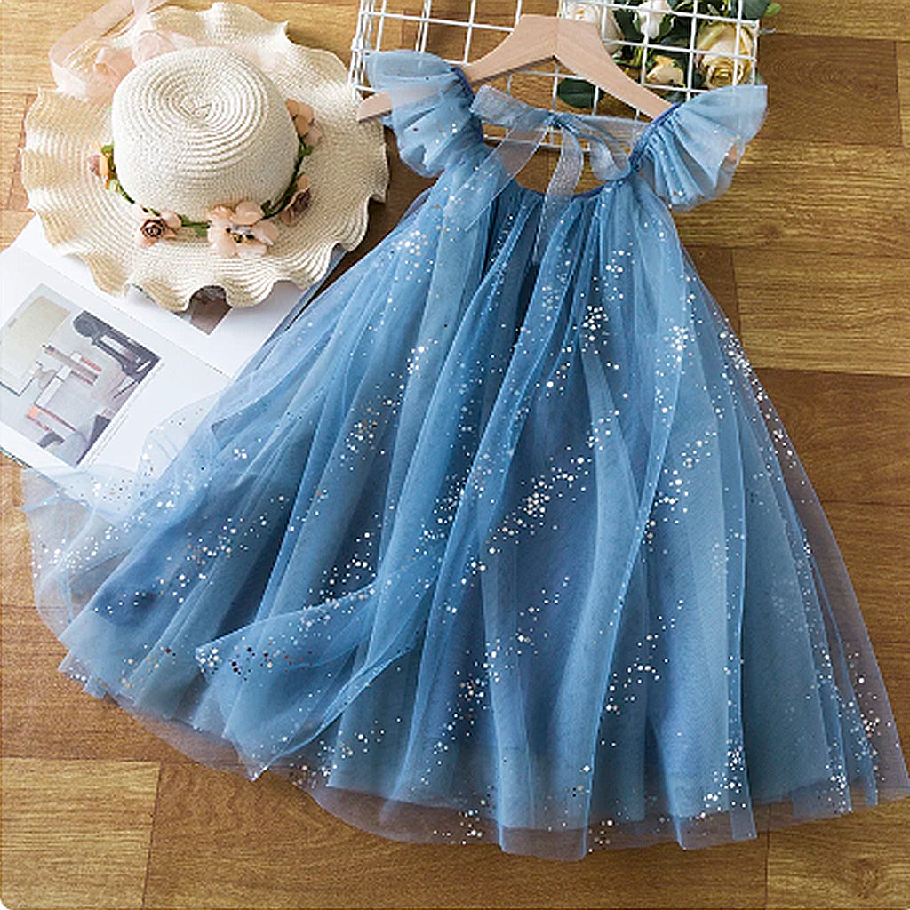 Toddler Girls Flying Sleeve Lace Up Sequin Mesh Princess Frock