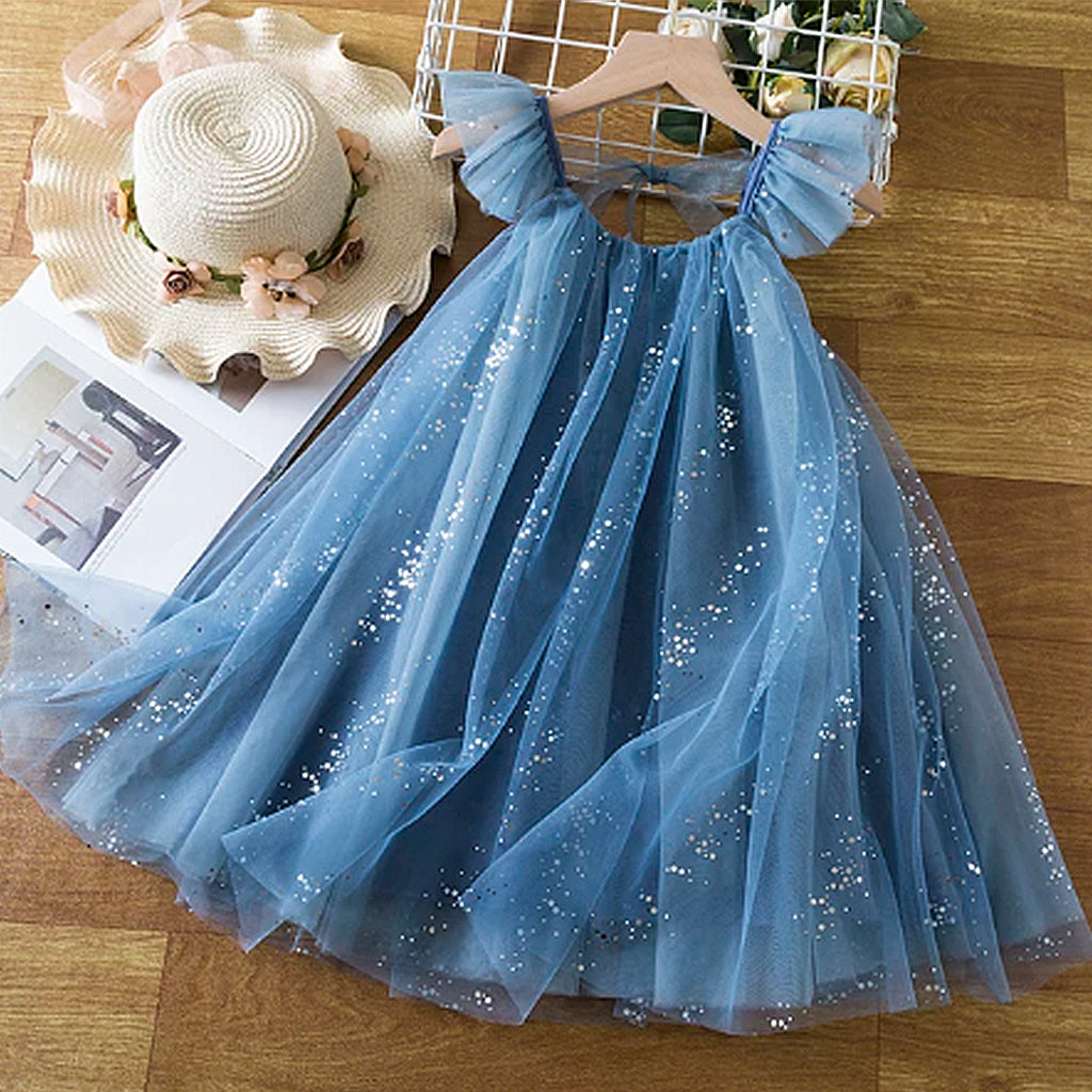 Toddler Girls Flying Sleeve Lace Up Sequin Mesh Princess Frock