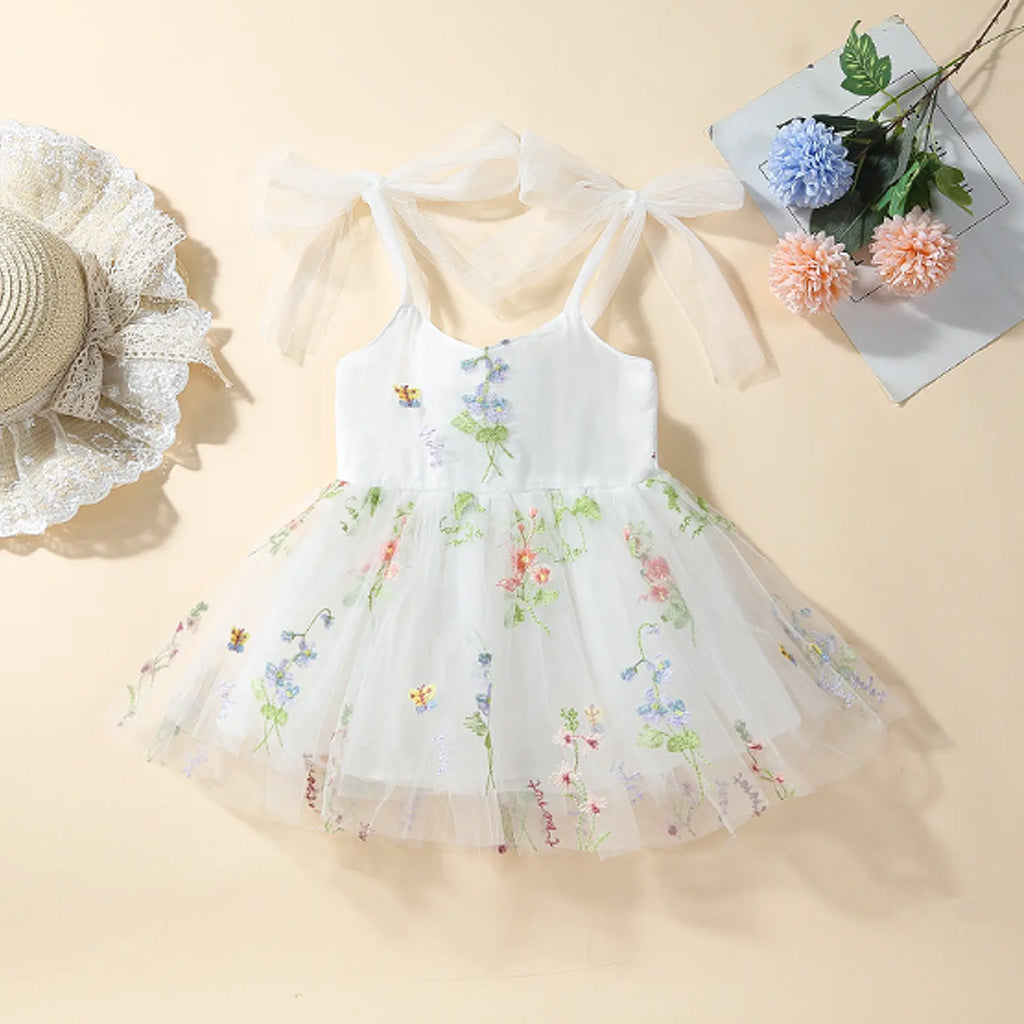 Baby Girls Princess Ruffled Sleeveless Flower Embroidery Sling Frock