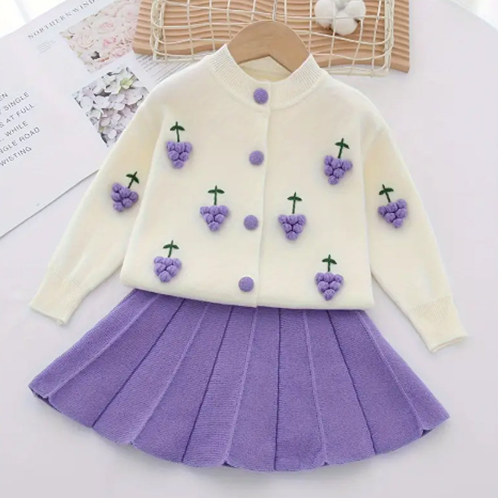 2pcs Baby Girl Woolen Long Sleeve 3D Grapes Decorated Sweater And Pleated Skirt