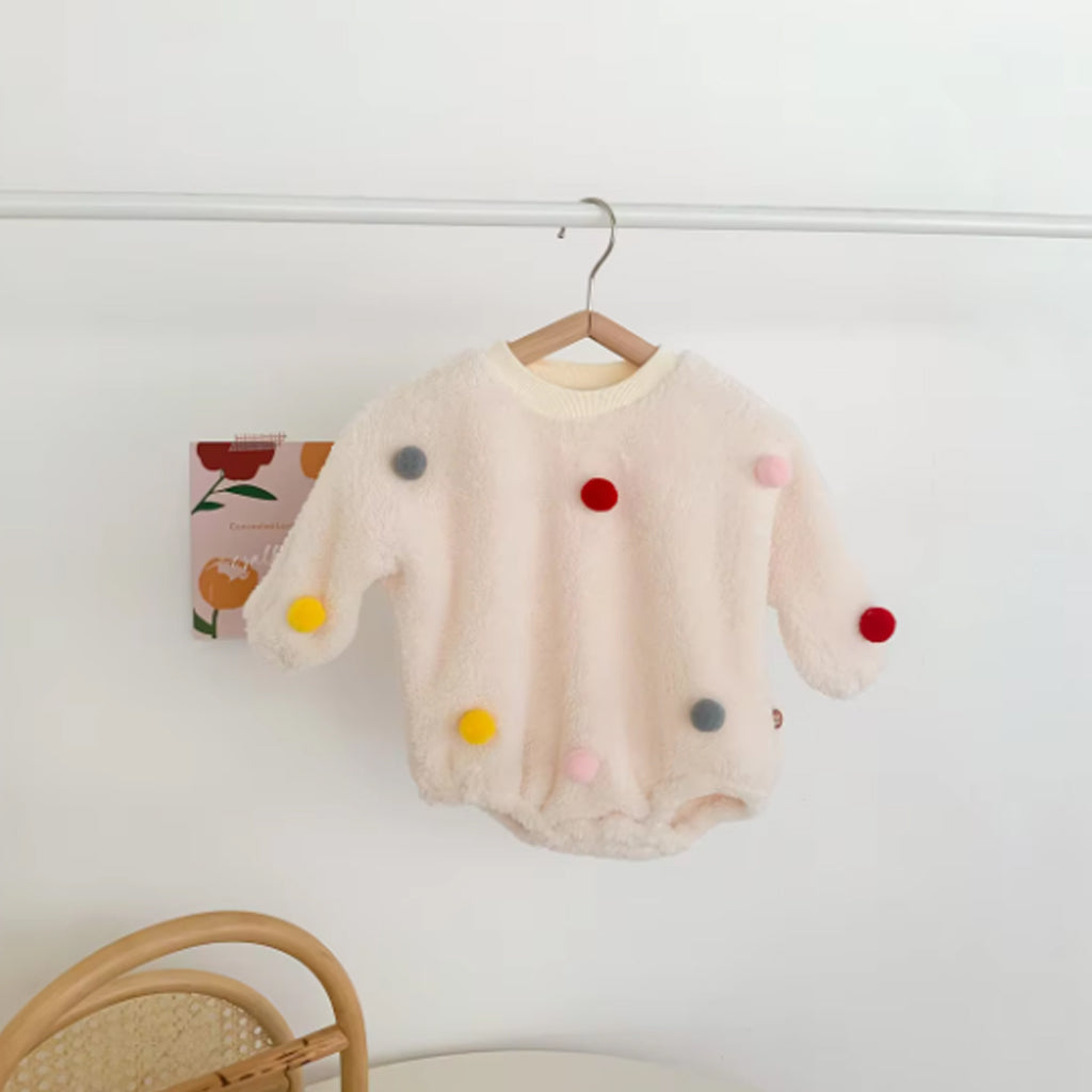Baby Girl Full Sleeve Pompom Decor Solid Romper
