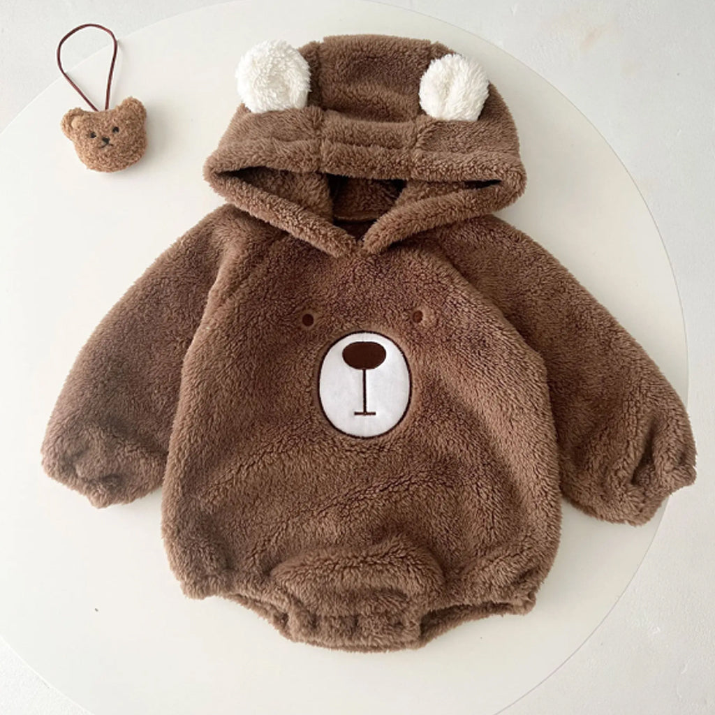 Baby Boy Bear Design Thickened Fleece Long-Sleeve Hooded Romper