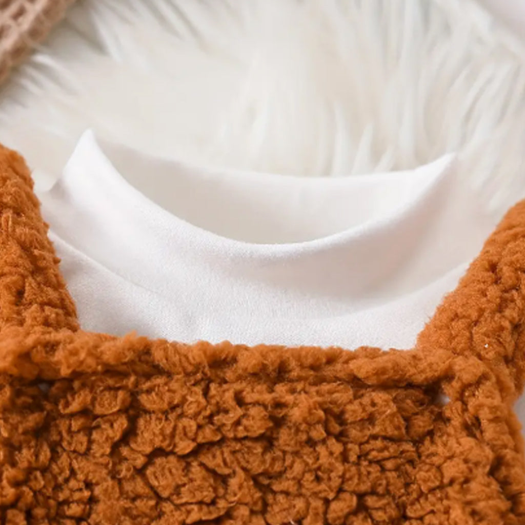 2pcs Baby Girl Animal Embroidery Fuzzy Overall and Mock Neck Long Sleeve Top