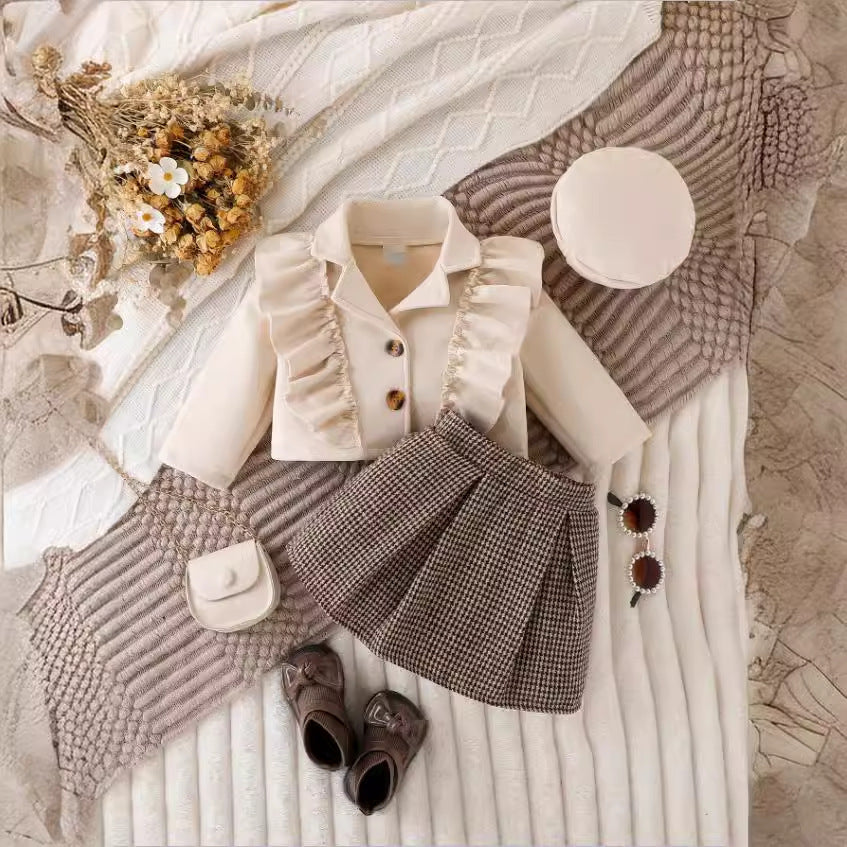 3pcs Girls Ruffle Trim Long Sleeve Lapel Top With Pleated Skirt & Hat (Shirt not included)