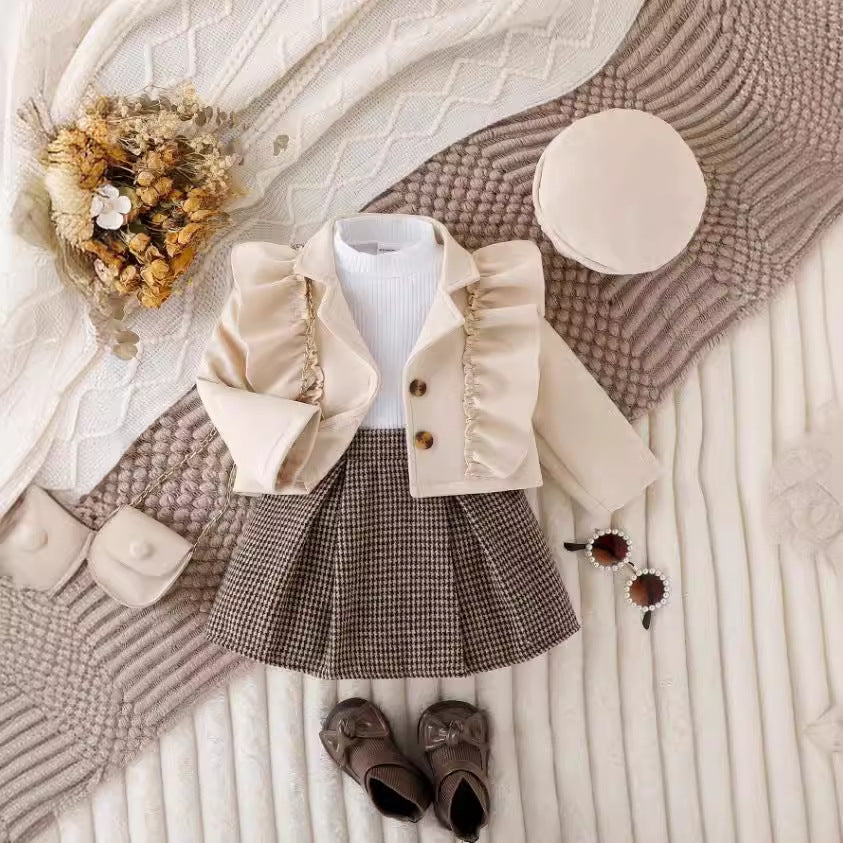 3pcs Girls Ruffle Trim Long Sleeve Lapel Top With Pleated Skirt & Hat (Shirt not included)