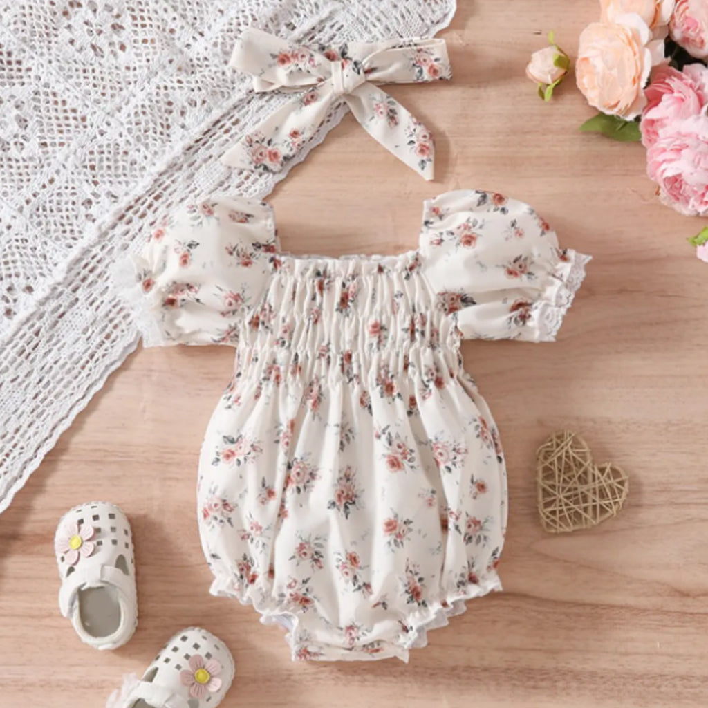 Baby Girls Floral Print Puff Sleeve Romper with Headband Set
