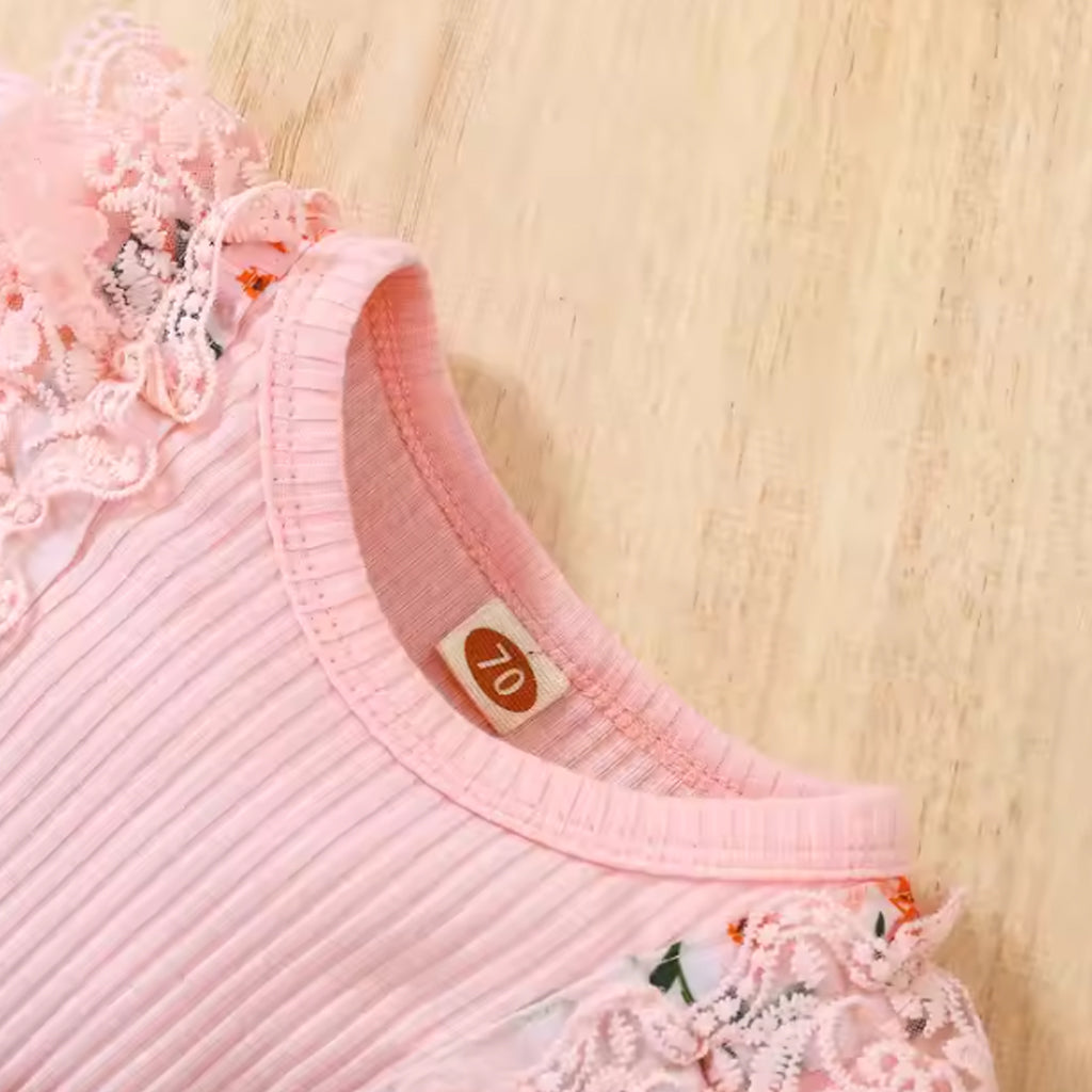 Baby Girl Ribbed Long-sleeve Floral Print Romper with Headband Set