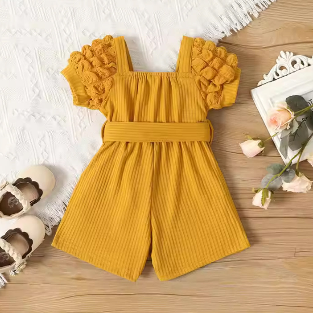 Baby Girls Solid Color Puff Sleeve Belted Romper