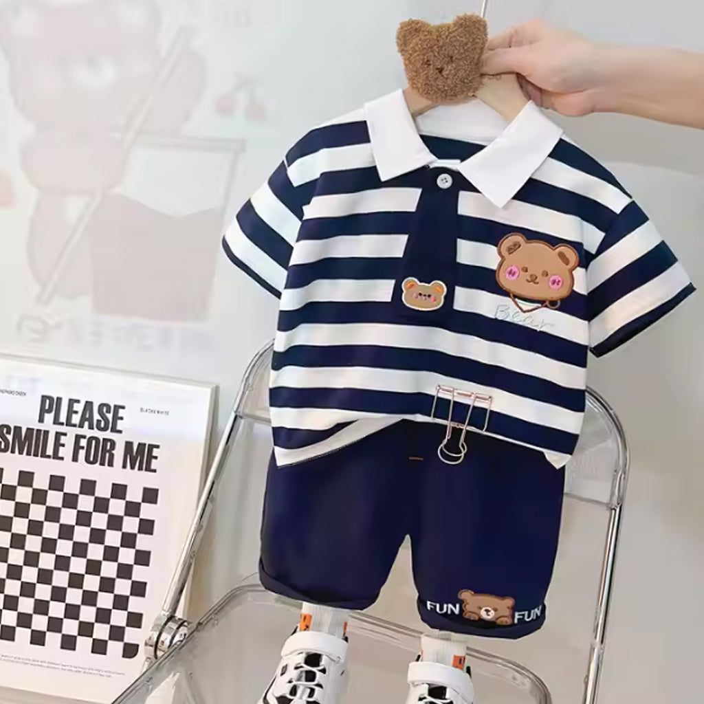2pcs Baby Boy Bear Casual Striped T-shirt & Shorts Set