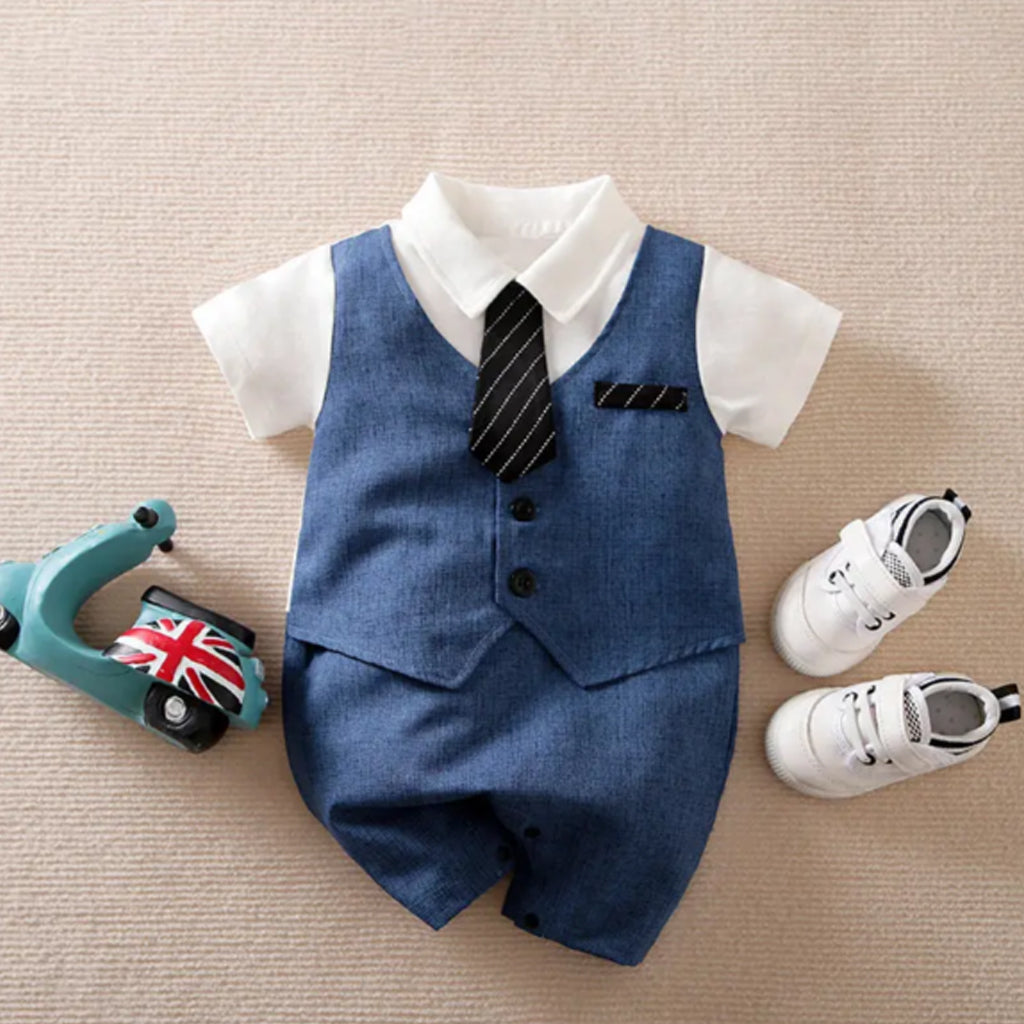 Baby Boy Gentleman Tie Decor Short-Sleeve Jumpsuit