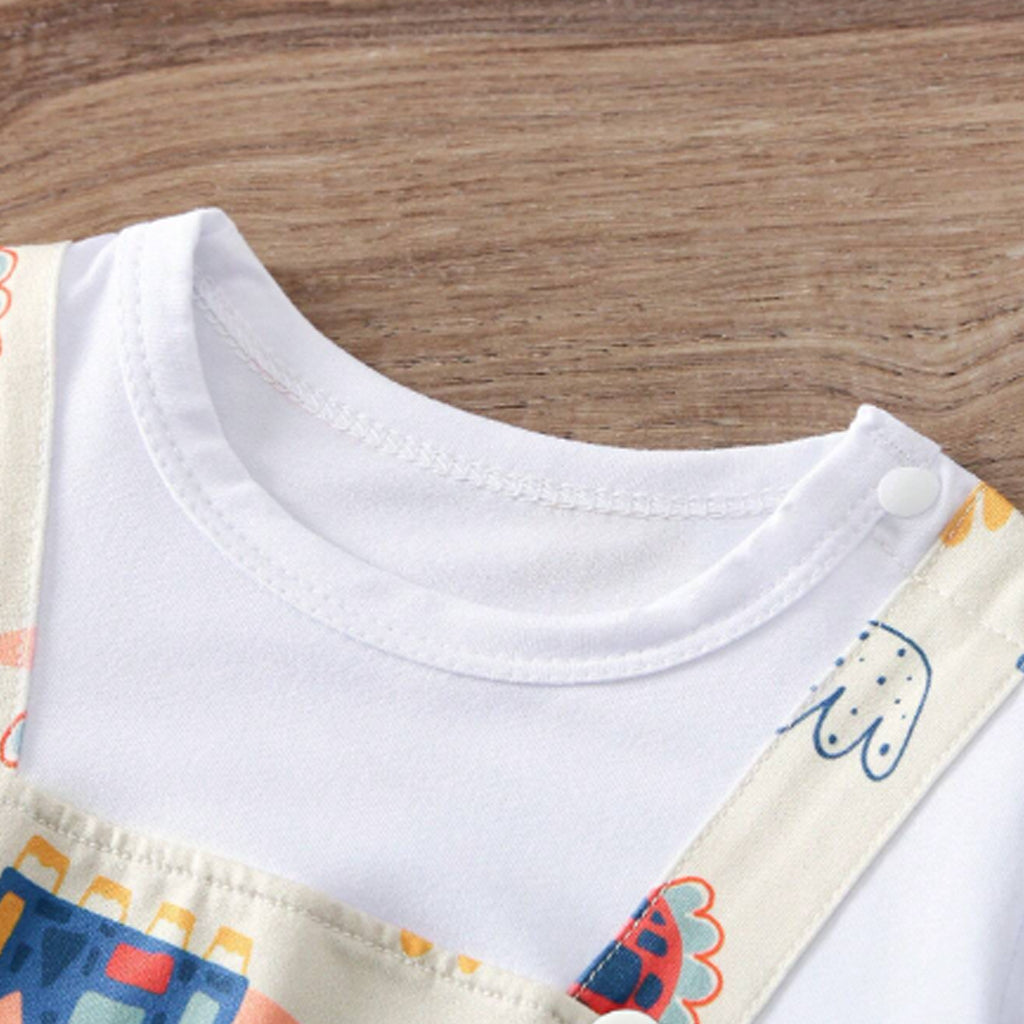 1pc Baby Boy Apricot Cartoon Dinosaur Print Long Sleeve Jumpsuit