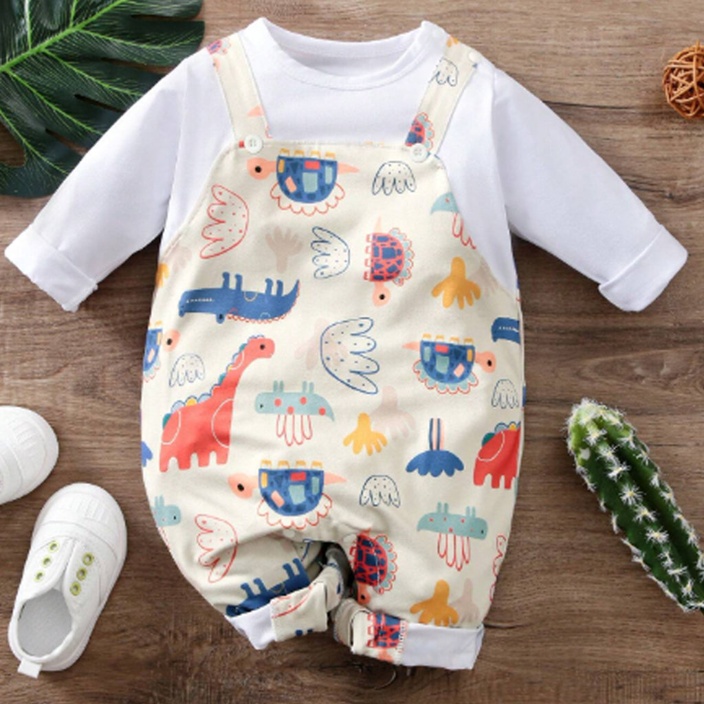 1pc Baby Boy Apricot Cartoon Dinosaur Print Long Sleeve Jumpsuit