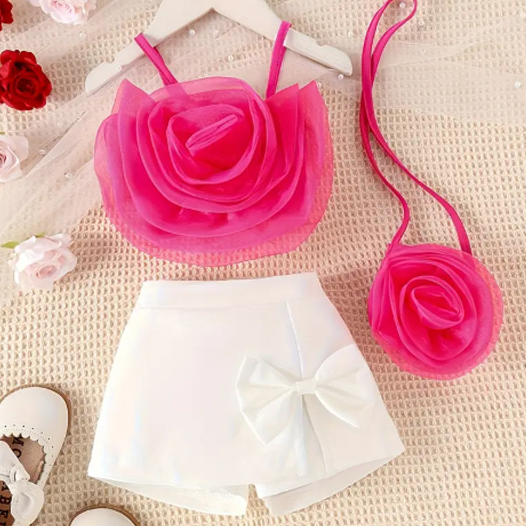 3pcs Baby Girl 3D Mesh Flower Decor Cami Top and Shorts with Crossbody Bag Set