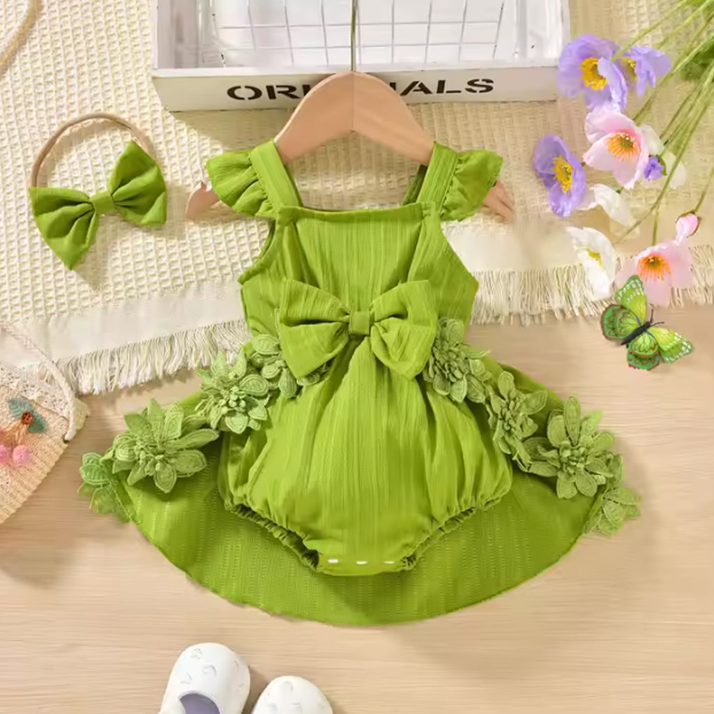Baby Girl Floral Embellished Lace & Ruffled Short Sleeves Tail Romper with Headband Set