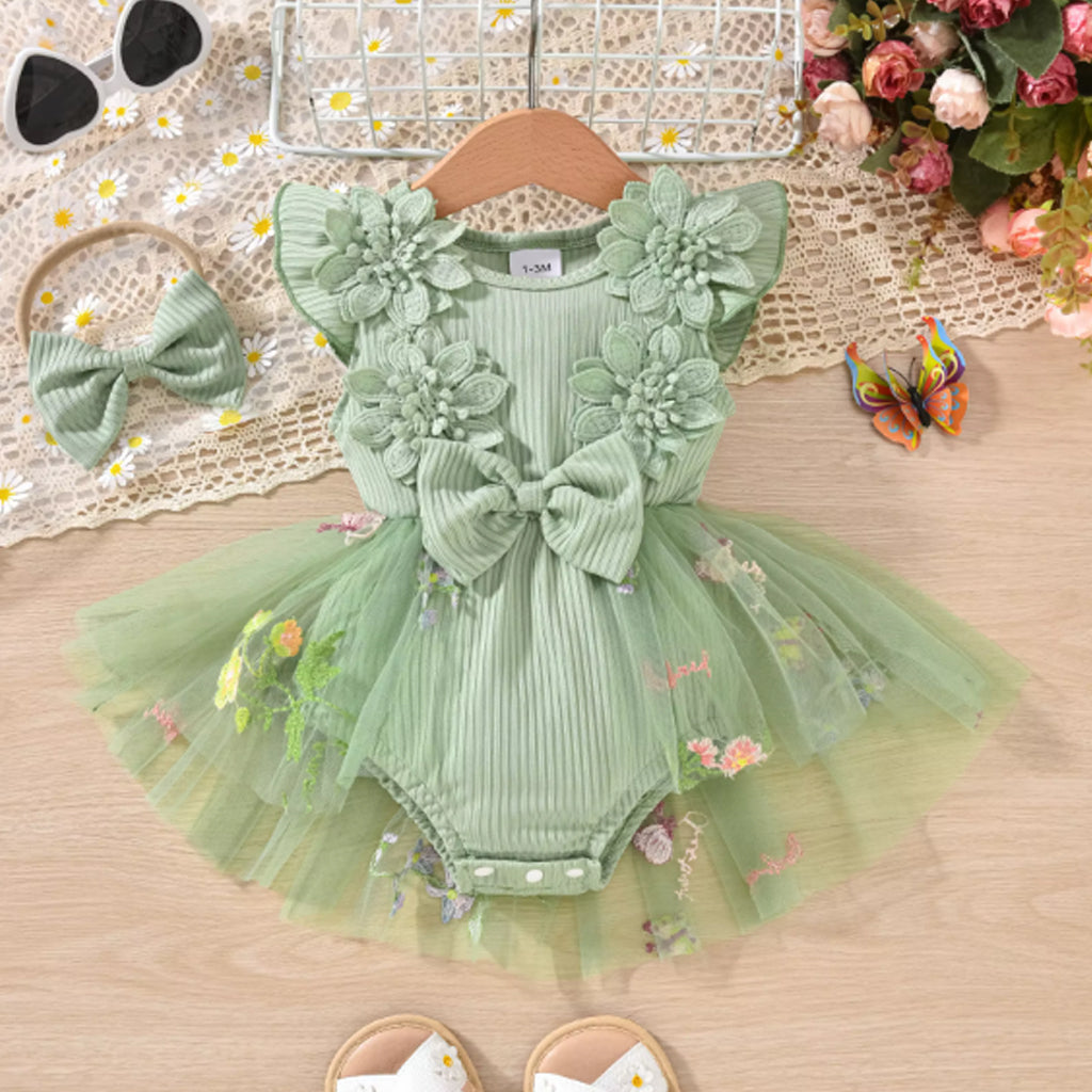 2pcs Baby Girls Ruffle Sleeve 3D Flower Patchwork Tulle Bowknot Romper