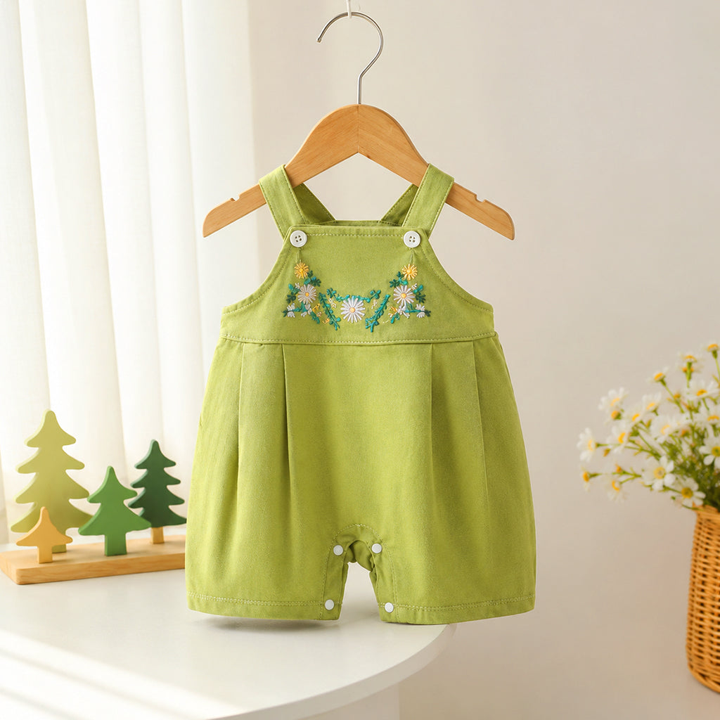 Baby Girls Embroidered Green Suspender Romper