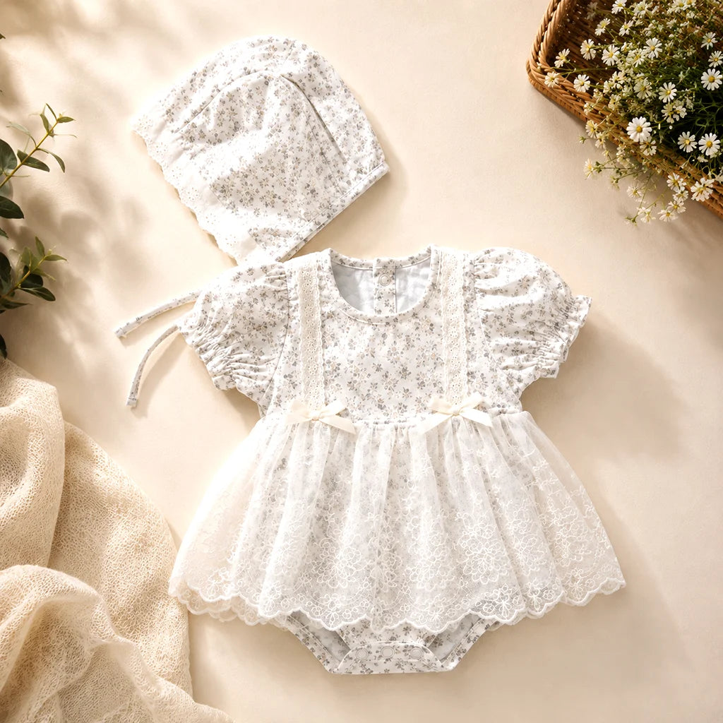 Baby Girls Floral Print Bubble Romper with Hat Set