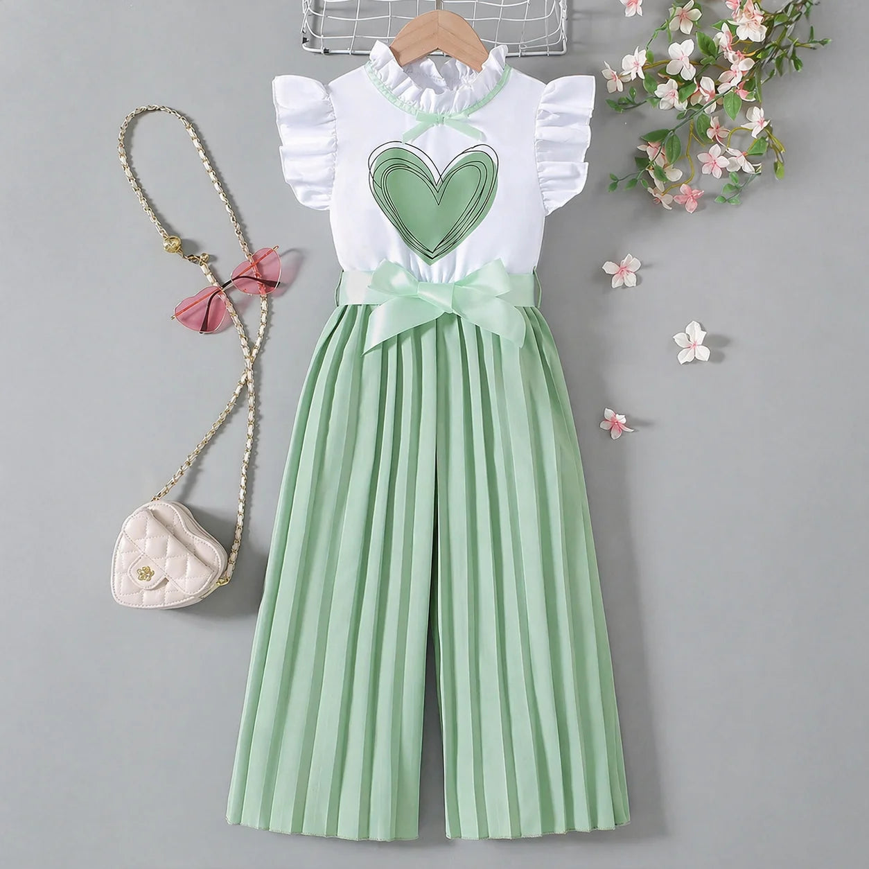 Toddler Girl Heart Print Top with Belt Pleated Palazzos Jumpsuit