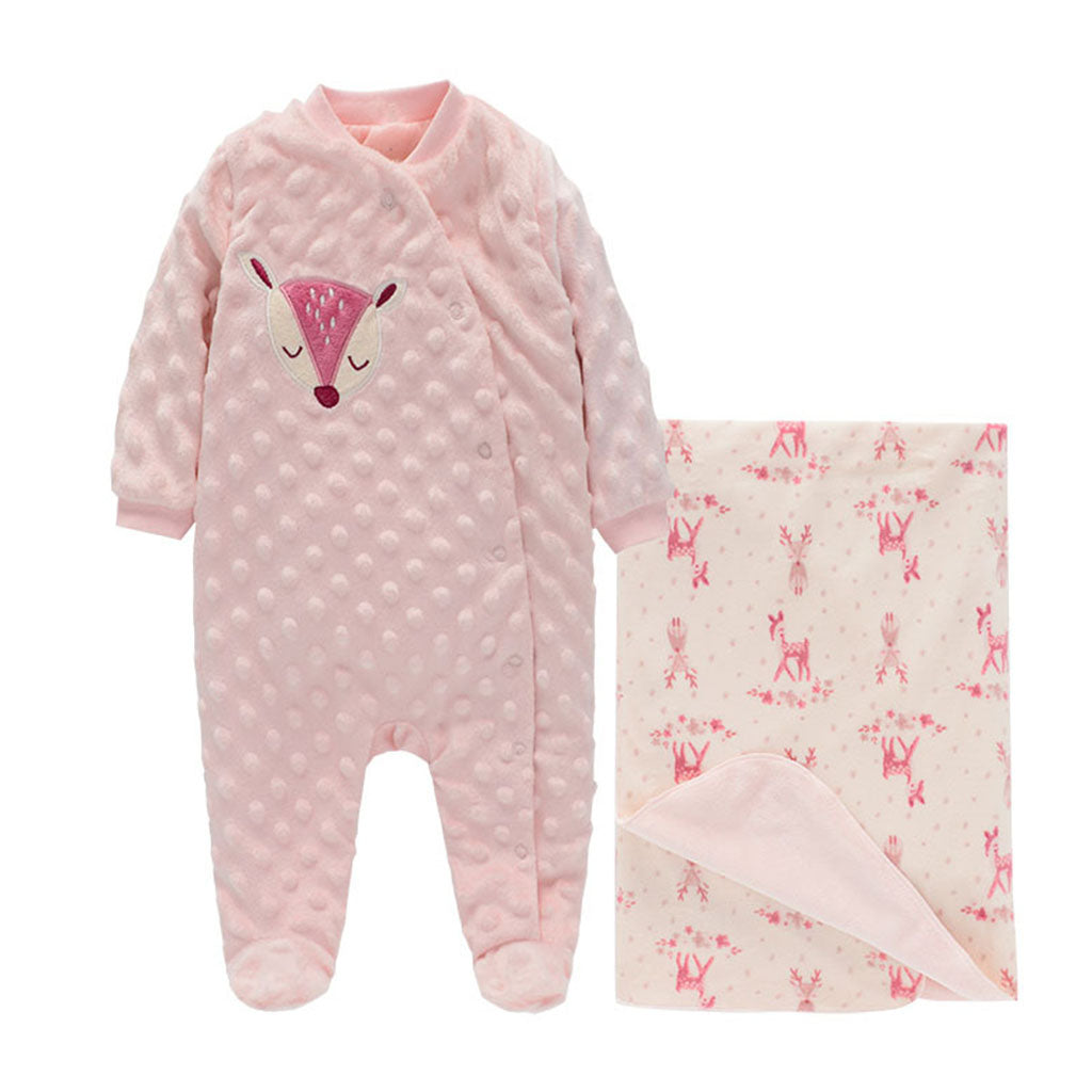Warm Fox Design Long-sleeve Baby Jumpsuit and Swaddling Blanket
