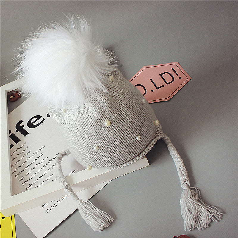 Baby / Toddler Solid Pompon Kintted Beanie with pearls hat