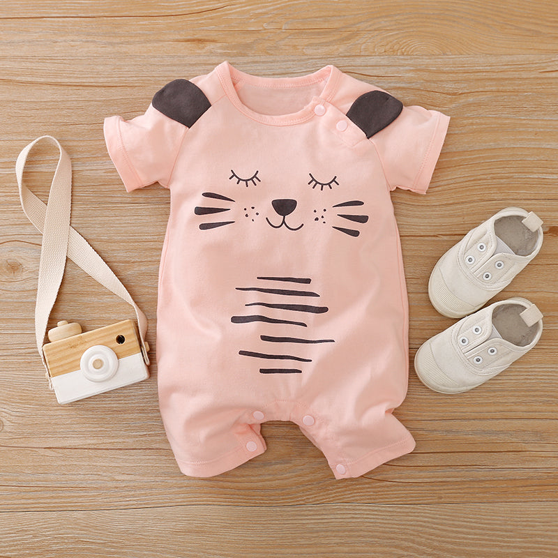 100% Cotton Baby Girl Cat Print Short-sleeve Romper