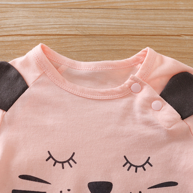 100% Cotton Baby Girl Cat Print Short-sleeve Romper